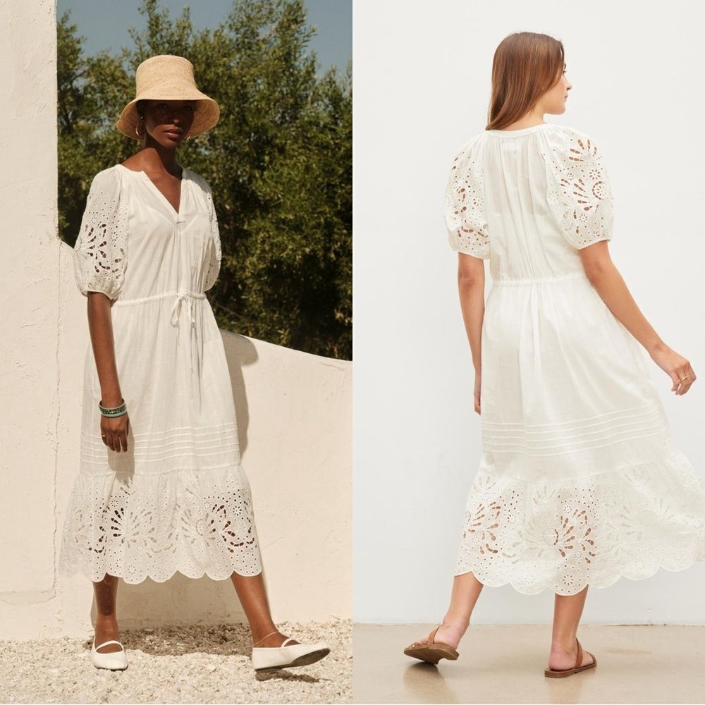 VELVET Nadia Embroidered Cotton Lace Eyelet midi Dress